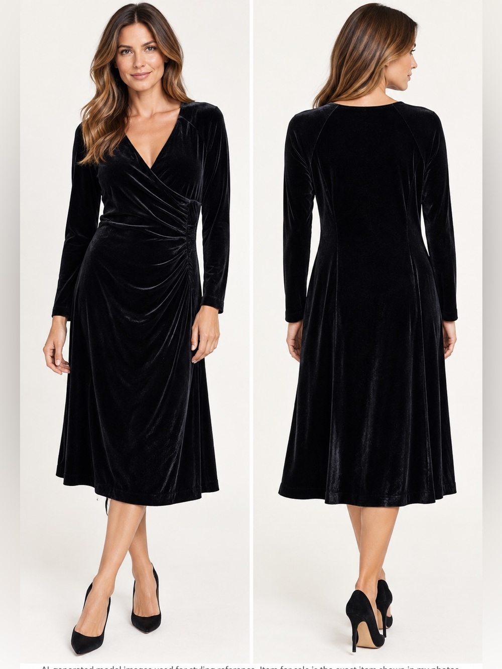 Soft Surroundings Velvet Hyannis Black Faux Wrap Ruched Midi Dress M